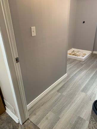 Flooring done, baseboards installed 