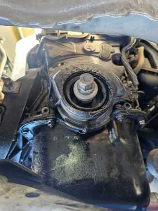 #3. Lower timing belt cover shredded around the Crank area, and harmonic balancer off.
