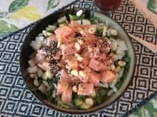 This is one of my absolute favorites, Faroe island salmon poke bowl. I keep a full filet on hand, pre-sectioned, and ready since it's somewhat hard to get fish that is good enough to be used this way and you can't use it without first prepping it. 

If I was allowed I would eat this daily 