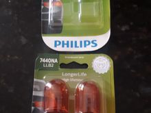 Long life Phillips brand purchased from Rock Auto. 7443 (empty package because already installed) are dual filament and  7440 is single filament 
Selected turn signal bulbs with LL (long life) amber colored bulbs as constant blinking significantly decreases filament life. Amber bulb offers more uniform backlight coloration of an amber lense.