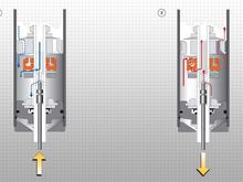 Figure 1: (Compression flow) At low shaft speeds, oil flows mostly through the shaft jet bleed (lower dotted arrow). At higher shaft speeds, oil flows mostly through the compression ports in the piston (upper dotted arrow). At very high shaft speeds, or during sudden shaft accelerations, oil can also escape through the compression ports in the DFV, increasing comfort. Figure 2: (Rebound flow) At low shaft speeds, oil flows mostly through the shaft jet bleed (lower dotted arrow). At higher shaft