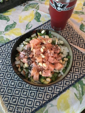 This is one of my absolute favorites, Faroe island salmon poke bowl. I keep a full filet on hand, pre-sectioned, and ready since it's somewhat hard to get fish that is good enough to be used this way and you can't use it without first prepping it. 

If I was allowed I would eat this daily 
