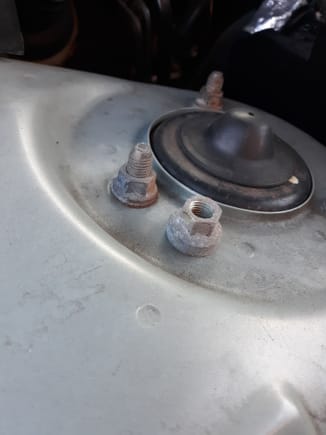Side-by-side view of stock strut nuts with captive anti-scuffing nuts with captive washer, and LS430 strut tower nut.