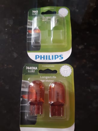 Long life Phillips brand purchased from Rock Auto. 7443 (empty package because already installed) are dual filament and  7440 is single filament 
Selected turn signal bulbs with LL (long life) amber colored bulbs as constant blinking significantly decreases filament life. Amber bulb offers more uniform backlight coloration of an amber lense.