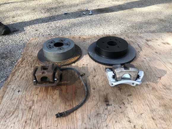 Size comparison. I can now get far the more common 2010-2015 RX350 brake pads for the front and rear.  These IS rotors are also barely more expensive than the dinky ones our cars came with, and we get to keep the parking brake intact!