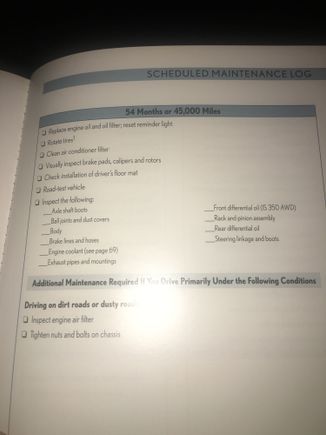Excuse the poor iPhone quality, but this is what's called for in the manual. Almost $500 for a 45k service??? Sounds overly obsurd. All they're really "servicing" is the oil, oil filter and cleaning the air conditioner filter. Not even replacing it, at least not for free. Everything else is inspect and road test vehicle.