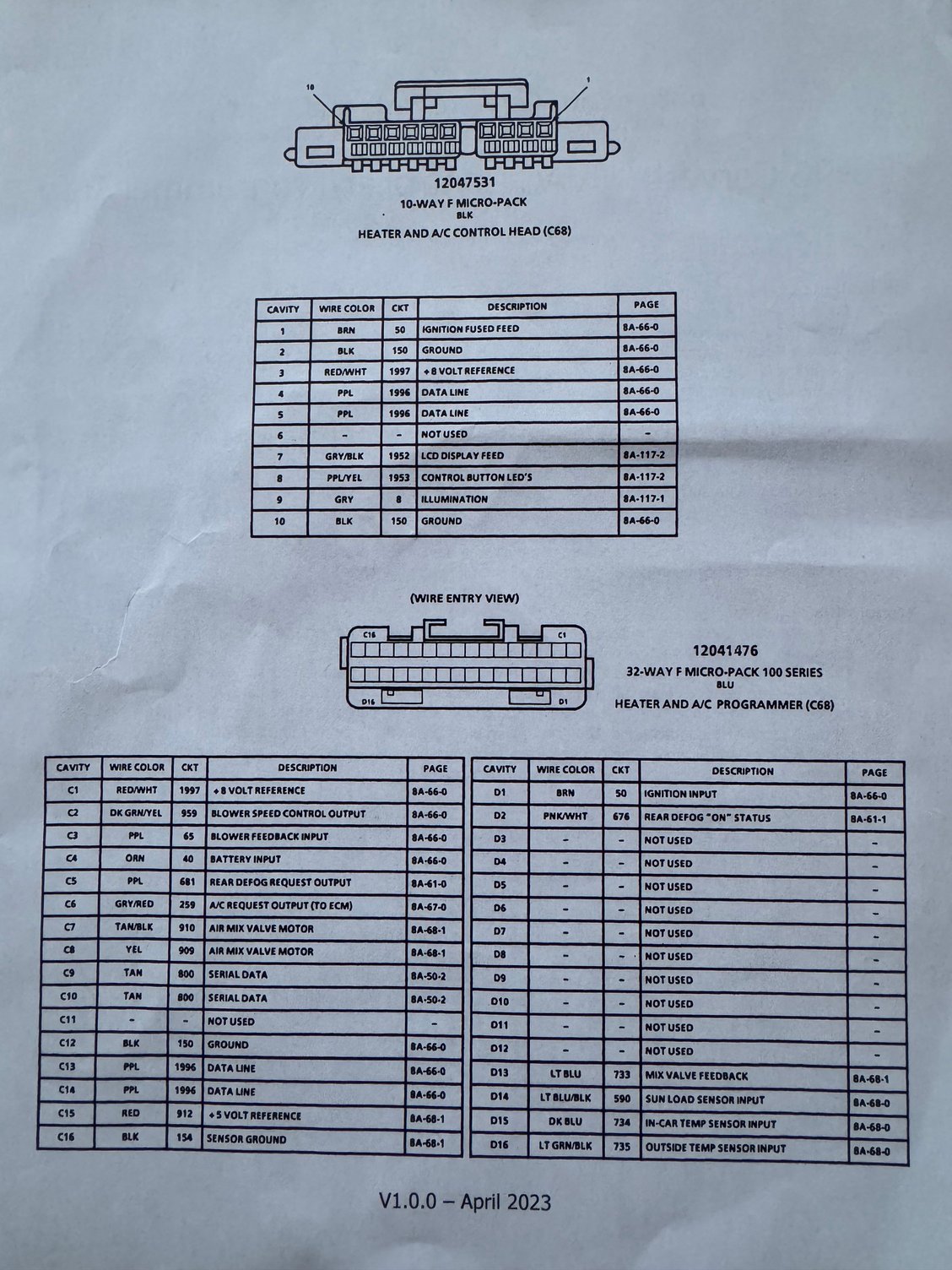 This is a pin out chart for the 1990-1996 HVAC Programmer.  You may notice on your car year�s wire harness the colors don�t match up to this chart�s colors.  Its best to use the Electrical Supplement section of the Field Service Manual (FSM) for your car�s exact model year to get your colors to match.  But I think you will find the wire description / function to be the same as this chart.