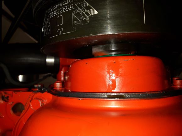 '65 327. I think it's leaking from the crank seal. This picture is after a 6 mile drive. Rebuilt motor new seal. Did not leak on dyno, but after 2000 miles it's leaking more and more.