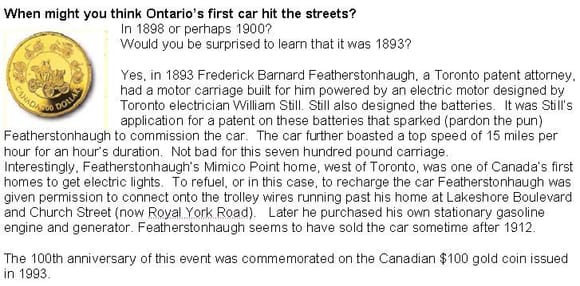Historical reference to first car registered in Canada: 1893 
Learned this a few months after moving to this estate over 115 years later.  More details at:
http://www.newtorontohistorical.com/Fetherstonhaugh.htm
