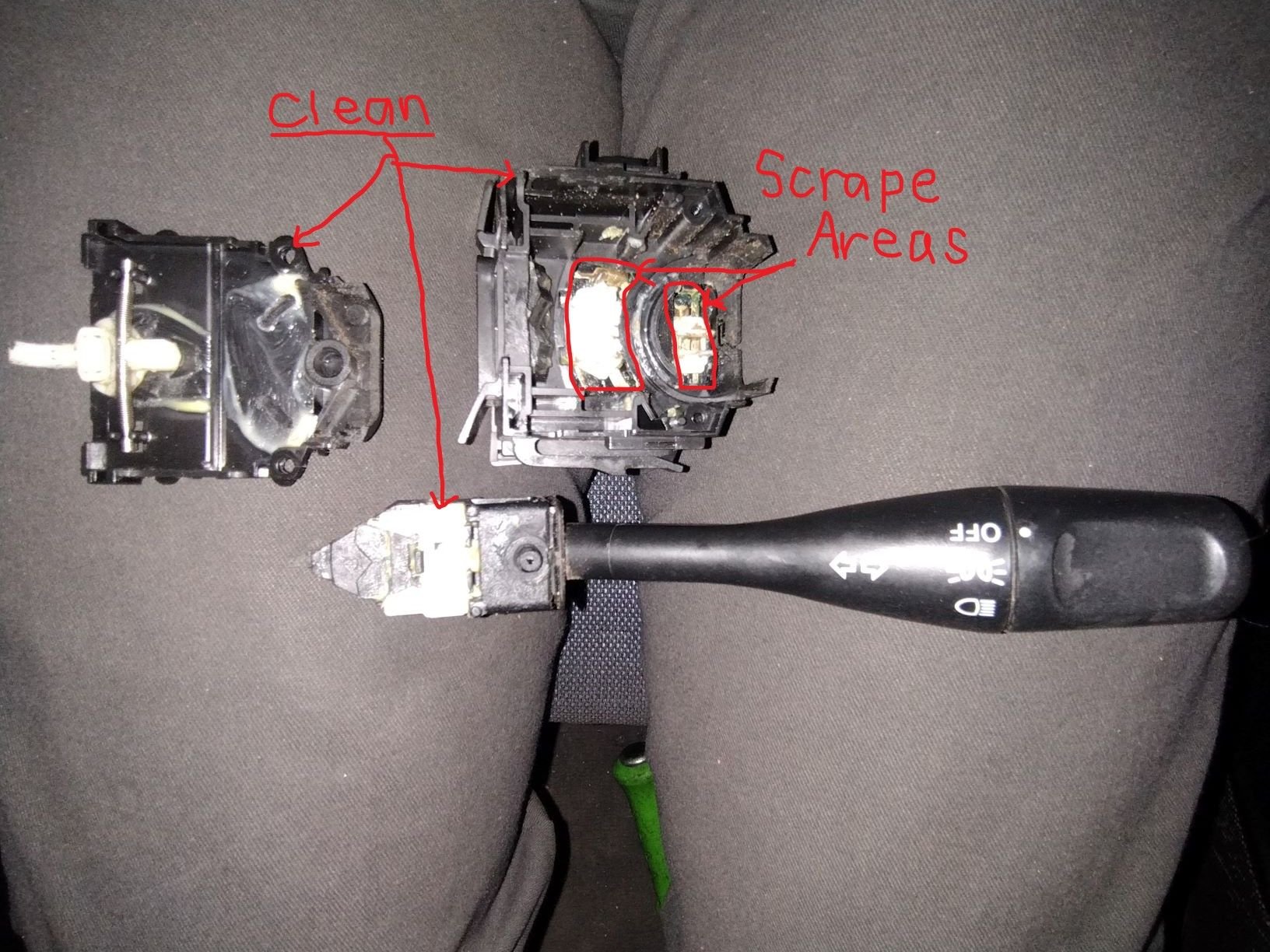 Degrease and scrape clean these areas, then relube
