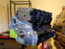 I opted for the pre-installed front oil pump housing option and balanced shaft delete.  Oil passages were taped off to keep contaminants out.