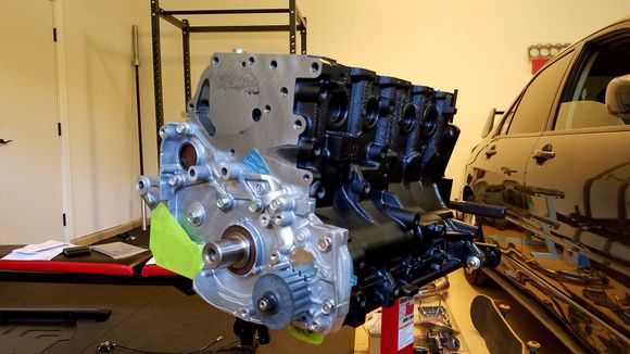 I opted for the pre-installed front oil pump housing option and balanced shaft delete.  Oil passages were taped off to keep contaminants out.