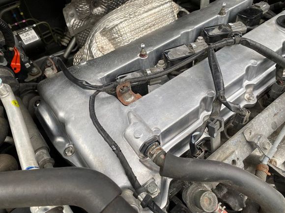 Wires relaxing leisurely on the burning hot valve cover. Please don't melt.