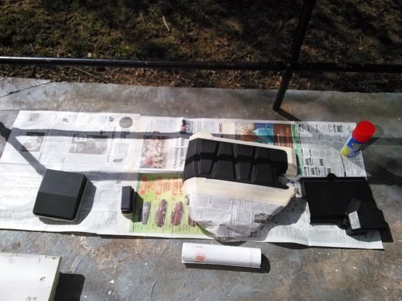 Engine cover, fuse boxes, and battery cover prepped for plasti dip