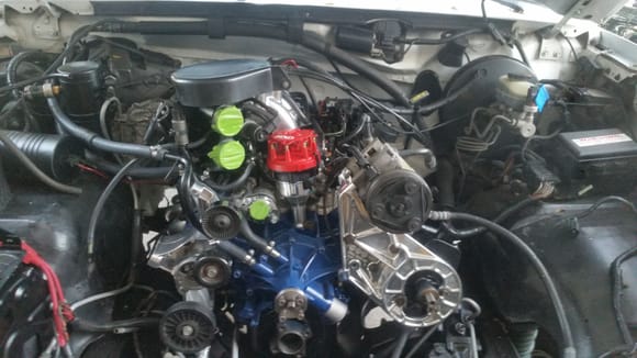 Powder coated brackets and intake. Just wanted a little shine under the hood. I never disconnected the compressor so I couldnt't clean it up to good. Thought it would be good enough. Thought wrong! This is the problem we have with doing rebuilds.... Where do you stop! FYI, the PS bracket is off a 1986 E150 ford Van that used a saginaw style pump. One of the 1st  and best mods I did up to this point. No more PS pump whine.