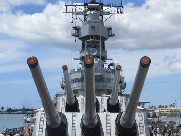 Guns on the USS Missouri....this ship is where WW2 ended. Now at Pearl Harbor, Hawaii. It was also used in the movie Battleship.
