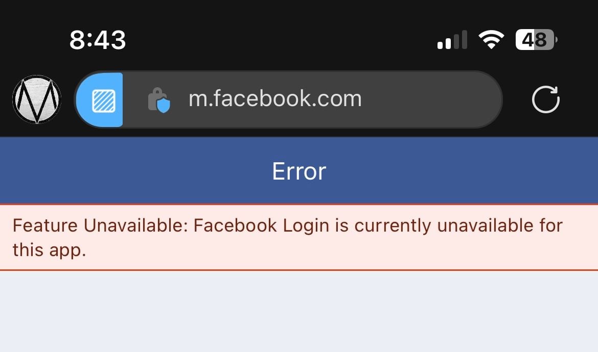 Feature unavailable: Facebook Login is currently unavailable for