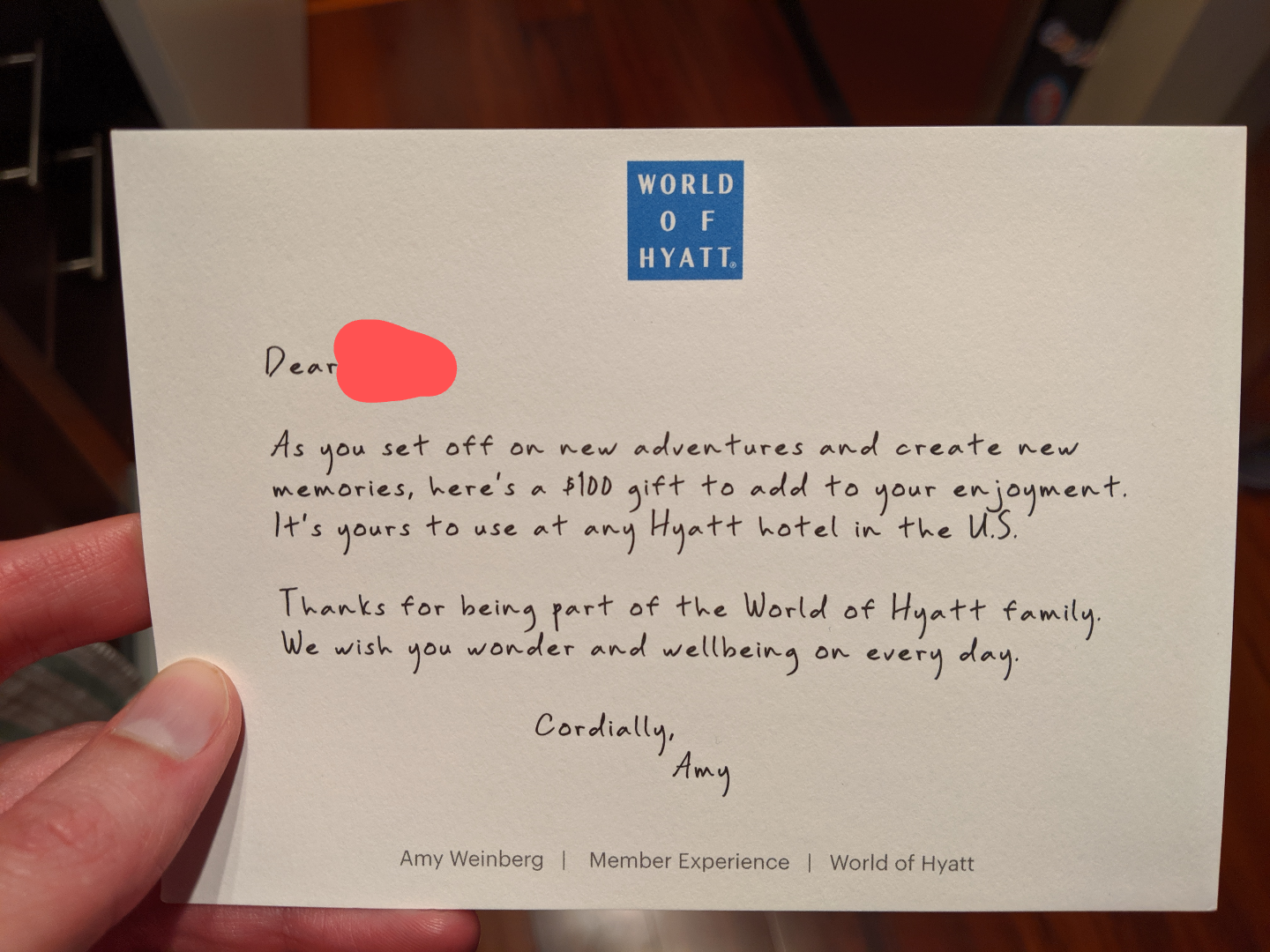 Hyatt 100 Gift Card In Mail Thanking Me For My Loyalty