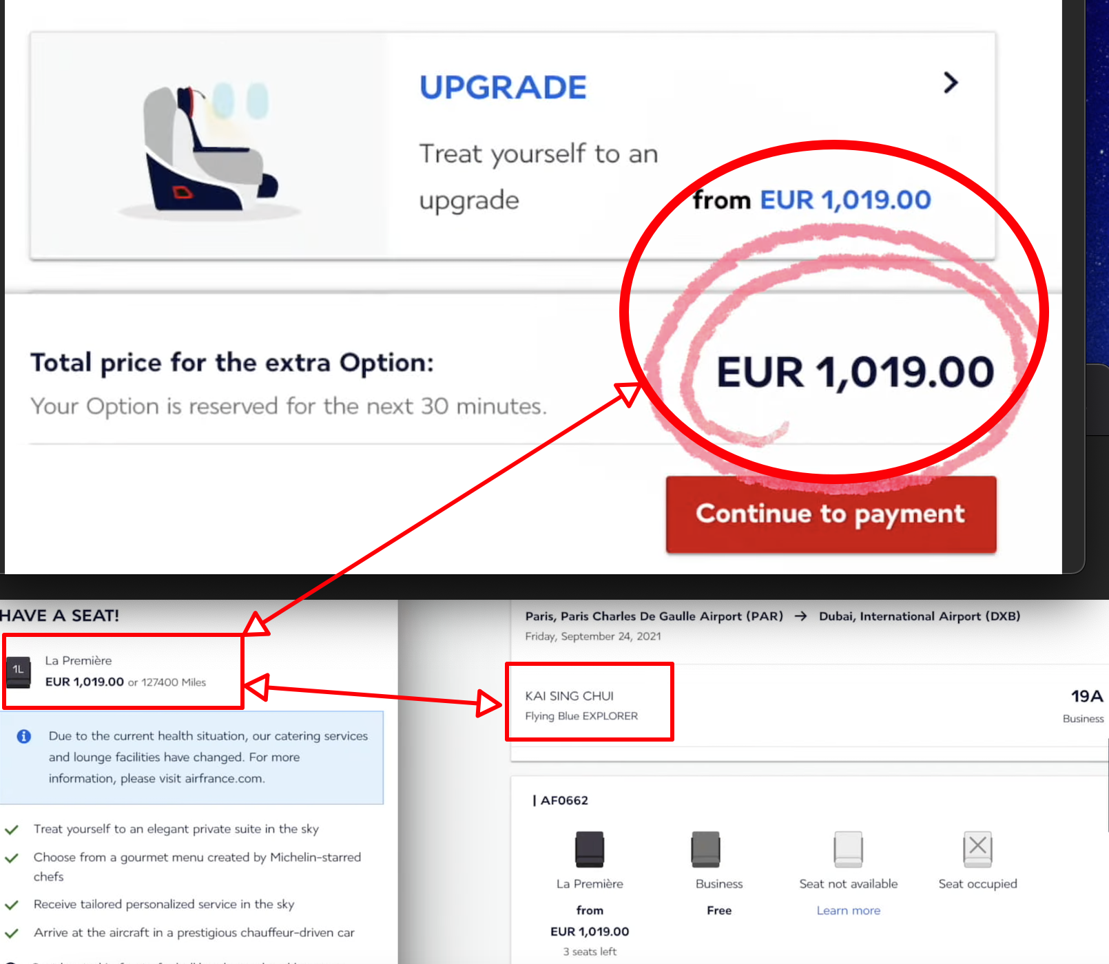 Air France Upgrade Seat with Miles, Bid, Cash and La Première