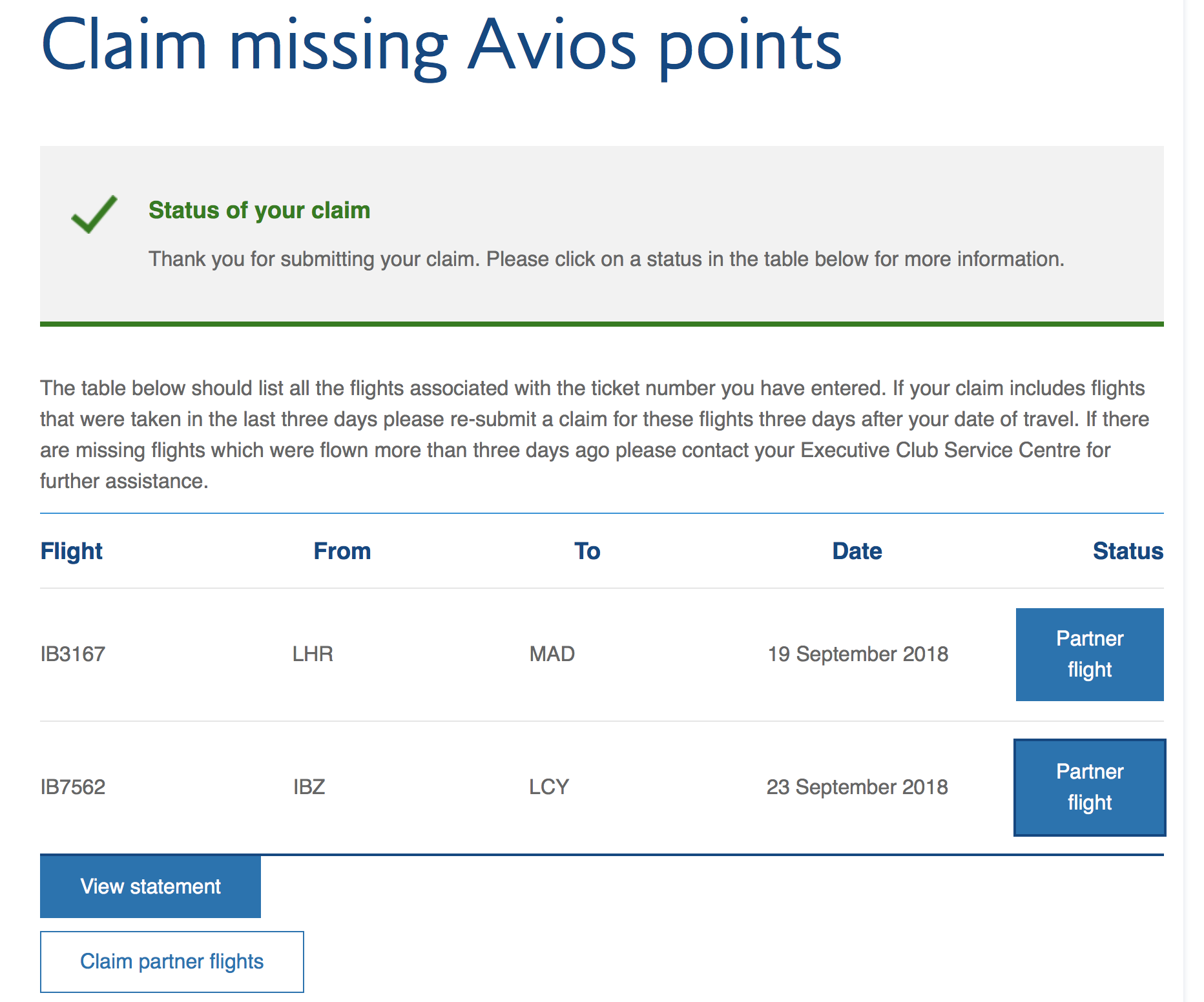 Submitted a claim for missing Avios but unsure about its status