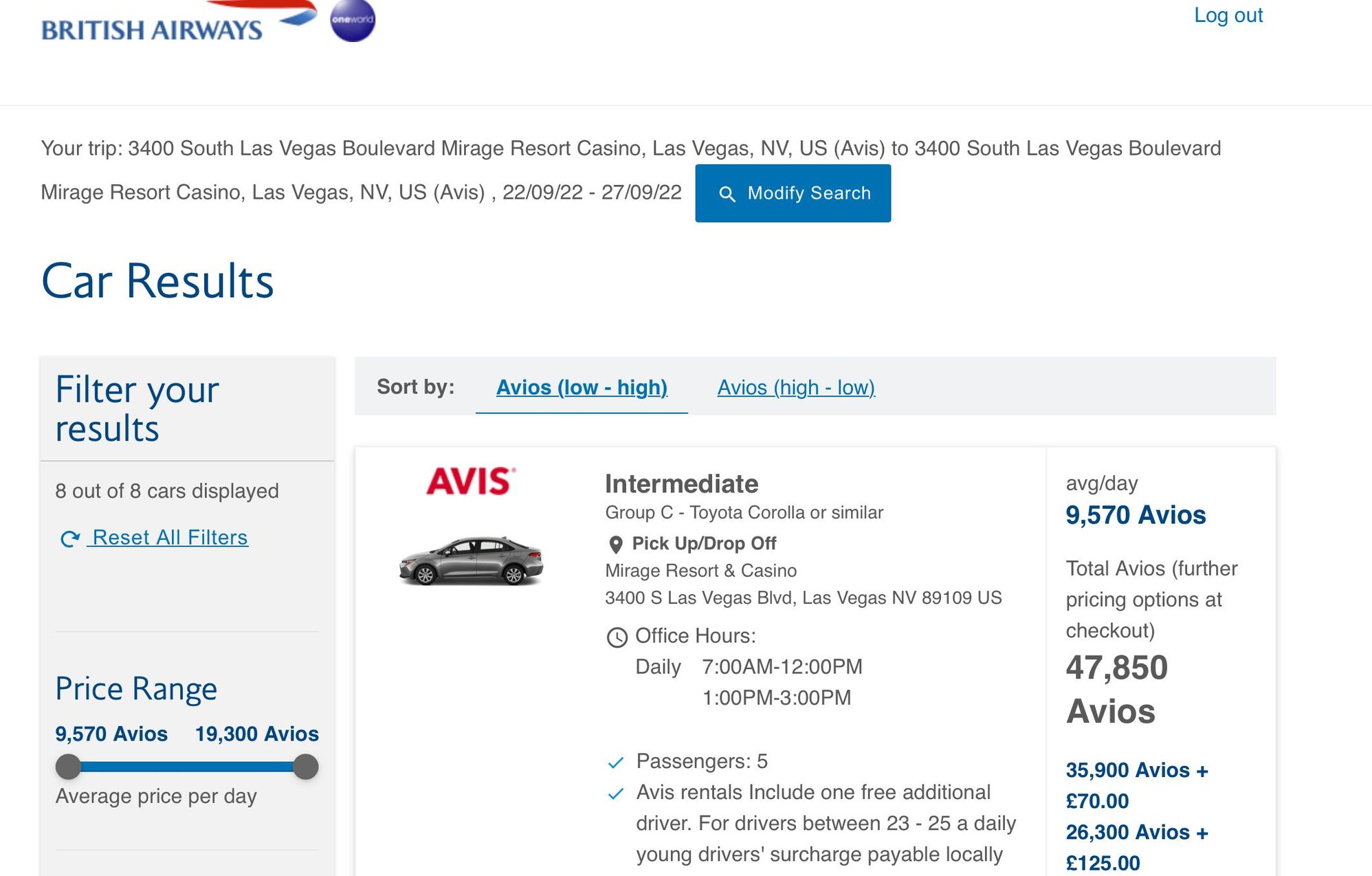 Car rental on Avios trying to select city pick up not airport
