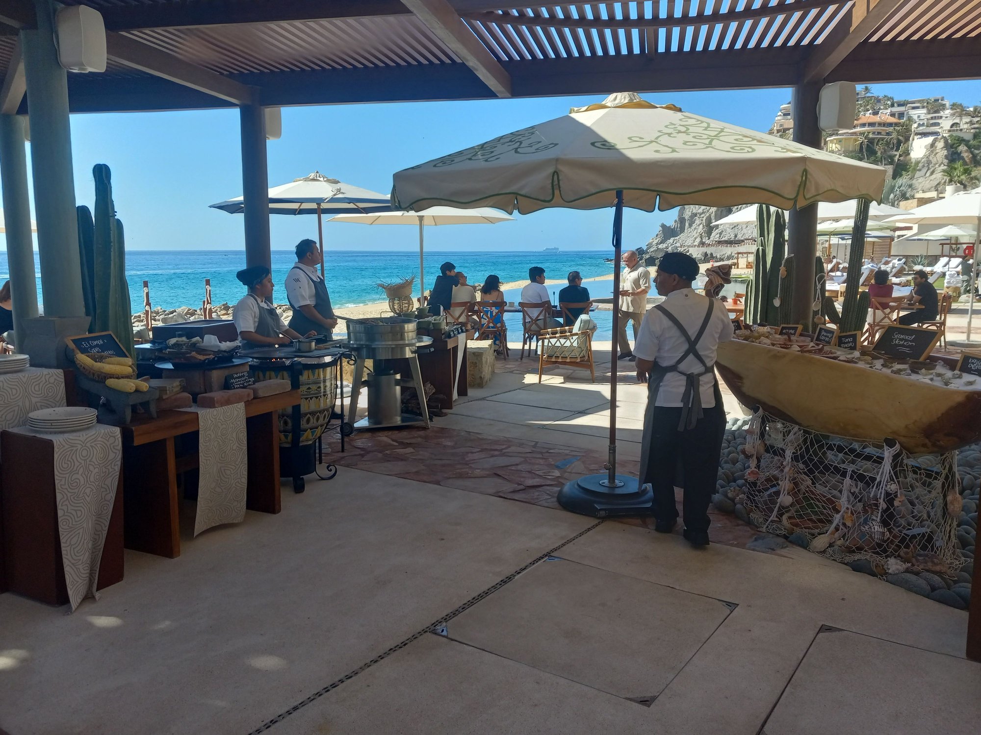 Seafood station on the right, Mexican specialties on the left.