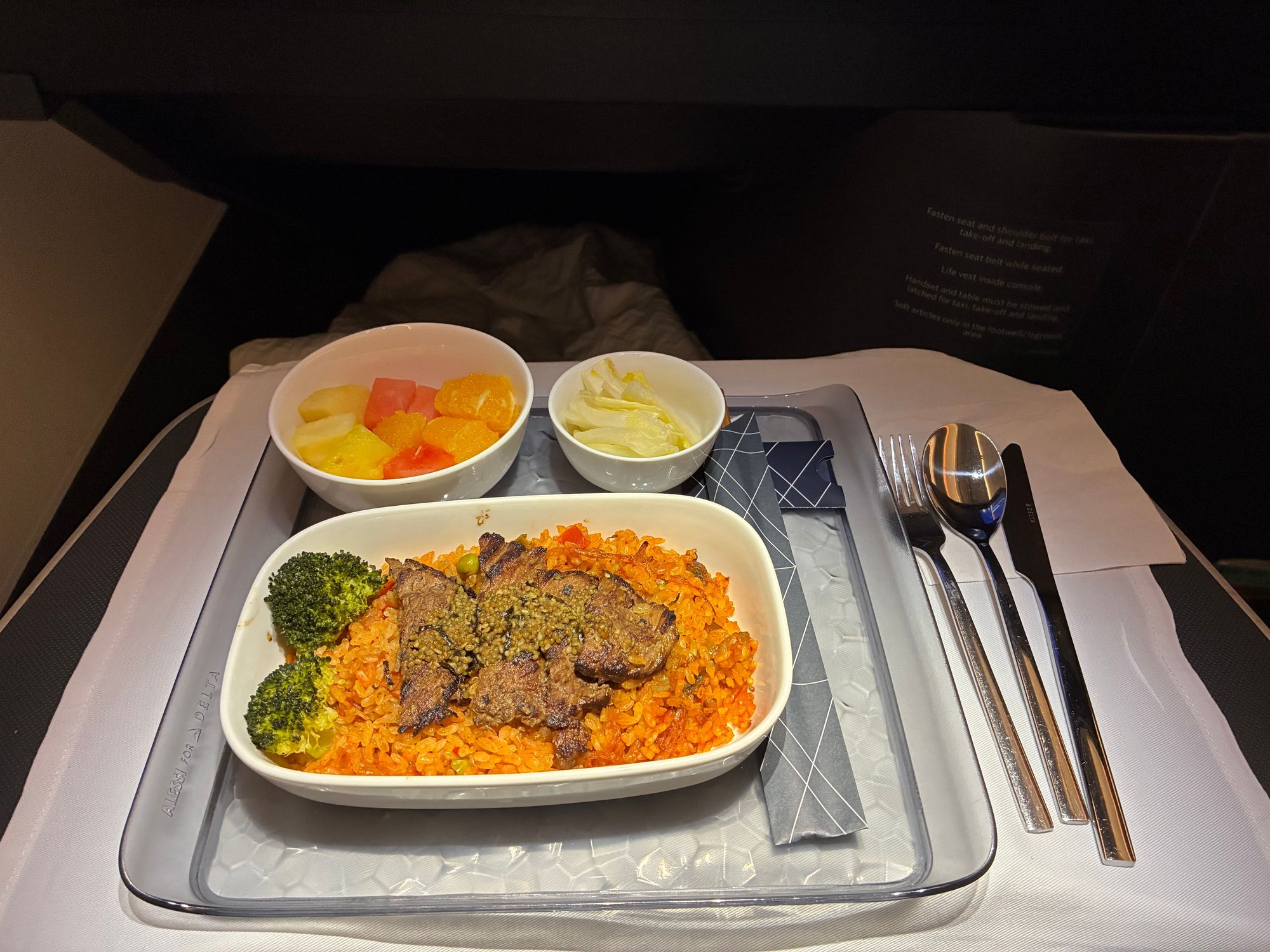 Pre-arrival Korean meal of beef with kimchee fried rice