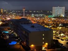 West-facing view at night.