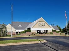The hotel is about 35 minutes north of Chicago O’Hare.  It's on a business estate but also next to a golf course. CrestHil was meant to be Hilton’s answer to Courtyard by Marriott. The rooms were built around a couple of courtyards with lots of landscaping.