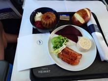 MUC-LJU, I hadn't realised that salmon was a taste of Bayern. The pea puree was OK, couldn't figure out what the cream coloured disc was, it didn't really taste of anything. The pudding was way too sweet for my liking so wasn't eaten. The crew on this flight were exceptional, particularly the older lady. She reminded me of when Lufthansa was a good airline to travel with. 
