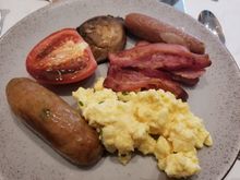 Breakfast - chicken and pork sausages, bacon rashers, really good scrambled eggs