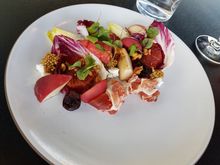 Summer stonefruit salad - super refreshing.   Sweet peaches and plums, salty prosciutto, sour/spicy mustard, bitter clean greens.  Needed more balsamic, but otherwise, excellent and beautiful dish.