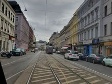 View out the rear window of our tram