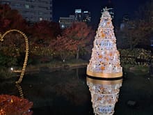 The Mohri garden and dior christmas tree lit up at night . The vegetation  to the sides of the paths round the lake also have lights