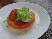 A matcha tiramisu pancake for breakfast