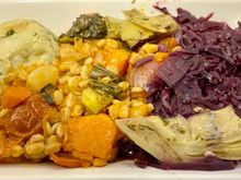 Winter vegetable and farro hotpot, herb dumpling, braised red cabbage
