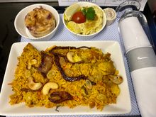 Coronation chicken, chicken biryani, blackcurrant Yorkshire custard tart