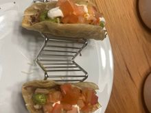 Turkey tacos.  I roasted the turkey Wednesday night.  Housemate turned the leftover into tacos.  