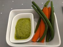 Welcome Taste: Thai basil dip with blanched vegetables (carrots, string beans, and asparagus)