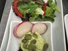 Salad with hummus (swapped for shrimp).  The hummus was very good with the sourdough flatbread crisps.