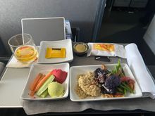 CLT-DEN today. I pre-ordered the grain bowl with Salmon. However, the salmon wasn’t loaded (the F/A said I would’ve needed to have added on the Salmon when I preordered altho I didn’t see a way to do that). the bowl was tasty although without the salmon, no real source of protein. There was a pass of the bread basket after I took this photo and ice cream was served later on. 