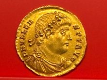 The face of Emporer Valens (368-374 AD). Valens was defeated and killed at the battle of Adrianople in 374 AD by invading Goths. This battle marked the beginning of Barbarian encroachment into Roman territory. 