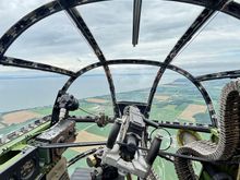 View forward from the nose section where the forward gunner/bombardier  would have sat. On a bombing mission, the  aiming would have been done from here also