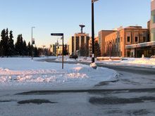 Looking west towards the Geophysical Institute on the UAF campus. The University of Alaska Fairbanks is the flagship campus of the University of Alaska system and is a global hub of arctic research. 
