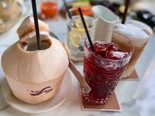 Coconut , roselle , iced latte and water