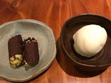 chocolate cannoli ( pistachio - ricotta cream ) & lemon sorbet