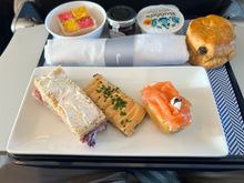 Non vegetarian afternoon tea featuring the same soggy weetabix cracker (middle) thing as the vegetarian option.