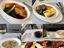 BA67 Club World food. Clockwise from top left: Grouse with fondant potato, Beef with potato Dauphinoise, pre-landing tapas selection, cheese and port, and celeriac soup with toasted pine nuts.
