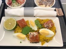 Band 3 lunch : Pea, potato & prosciutto starter, Kiln-roasted salmon with curried rice salad & egg.