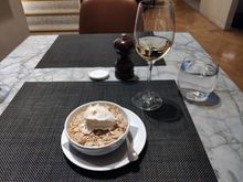 Apple and vanilla crumble served with Muscat de Beaumes-de-Venise dessert wine